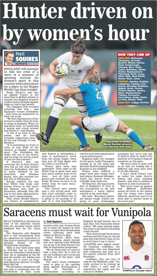  ?? Picture: DAVID ROGERS ?? MAKING STRIDES: Sarah Hunter attacks in the win over Italy VUNIPOLA: October return