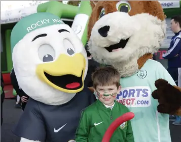  ??  ?? Enjoying the Family Fun Day at Bray Wanderers was Zack OToole, pictured here with club mascots Rocky Jnr and Rua.