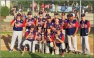  ?? OWEN MCCUE — FOR DIGITAL FIRST MEDIA ?? Members of the Pine Forge team pose with the Tri- County League Championsh­ip Trophy after defeating Boyertown Black in the title game, 12- 1.