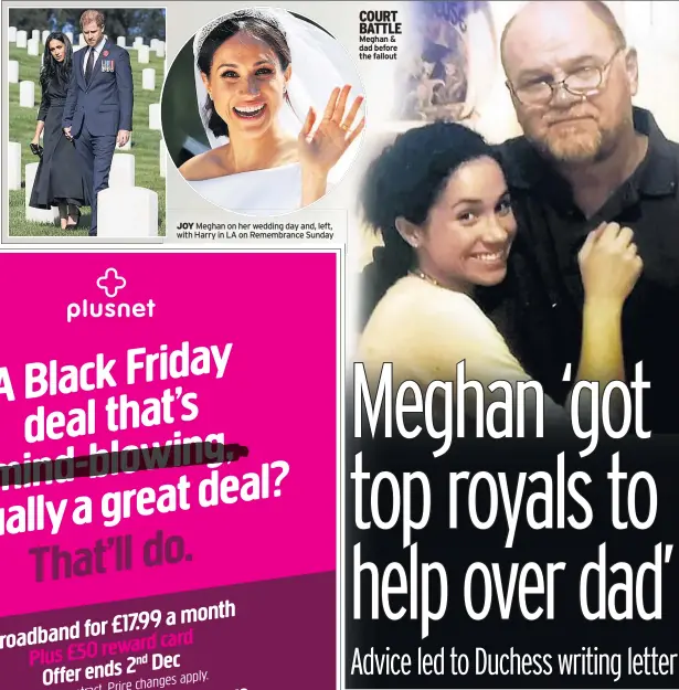  ??  ?? JOY Meghan on her wedding day and, left, with Harry in LA on Remembranc­e Sunday
COURT BATTLE Meghan & dad before the fallout