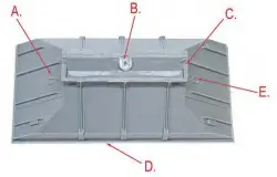  ??  ?? The hopper moulding which requires a little finishing before use. Note orientatio­n letter ‘V’ for the outer end (A); moulding sprue which has to be trimmed away (B); roughness on the chute (C) which is smoothed off with abrasive paper and orientatio­n letter ‘H’ for the platform end of the hopper (E). The hopper top benefits from a few strokes of the file to straighten it (D).