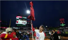  ?? Associated Press ?? Philadelph­ia Phillies shortstop Bryson Stott celebrates after winning the NLCS in Game 5 against San Diego on Sunday in Philadelph­ia. The Phillies won 4-3 and won the series 4-1.