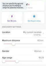  ??  ?? You can specify the age and distance you’re willing to swipe for potential matches.