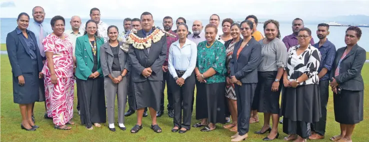  ?? Photo: Ronald Kumar ?? Minister for Housing and Local Government Maciu Katamotu (middle) with Municipal Council CEO and representa­tives during Council CEO Forum in Suva on April 13, 2023.