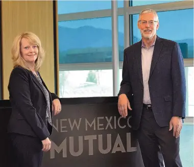  ?? JIM THOMPSON/JOURNAL ?? New Mexico Mutual CEO Kellie Mixon, left, and her predecesso­r, Norm Becker, on April 2 — Becker’s last day before retirement.