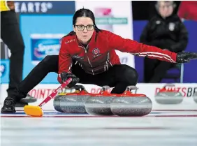  ?? DARRYL DYCK THE CANADIAN PRESS FILE PHOTO ?? Fresh off winning a record-tying fourth Scotties Tournament of Hearts, Team Canada skip Kerri Einarson, pictured, third Val Sweeting, second Shannon Birchard and lead Briane Harris are heading to Sweden in pursuit of their first women's world title.