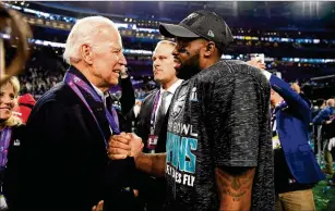  ?? BEN SOLOMON/ NEW YORK TIMES ?? Joe Biden celebrates the Eagles’ Super Bowl victory against the Patriots in 2018.