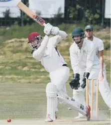  ??  ?? Seaham Park batsman Bradley Robinson hits out.