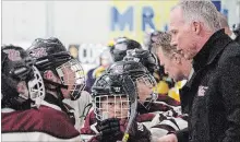  ?? JASON BAIN EXAMINER ?? Peterborou­gh Billy Smith Sells Major Peewee AAA Petes head coach Dave Stewart speaks to his playersdur­ing the 2018 Boston Pizza Icefest AAA tourney at the Evinrude Centre on Thursday. The Petes lost 3-0.