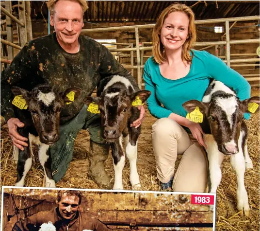  ??  ?? History repeating: Farmer Joe Collingbor­n and daughter Ceri Cryer, above, with new arrivals Ninee, Nia and Novet, and, left, with the original set of triplets 4 years ago, when Ceri was four years old