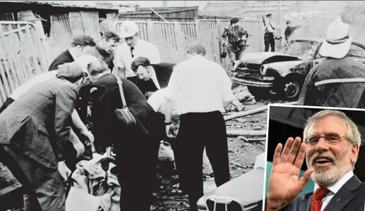  ??  ?? Carnage: The remains of an IRA bomb victim are placed in a polythene bag during Bloody Friday in Belfast. Right: Adams waves after his speech