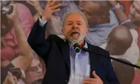  ?? Photograph: Miguel Schincario­l/AFP/Getty Images ?? Brazilian former president Luiz Inácio Lula da Silva, delivers a press conference at the metalworke­rs’ union building in Sao Bernardo do Campo, in Sao Paulo on Wednesday.