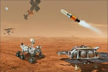  ?? NASA/ESA/JPL-Caltech via The New York Times ?? An artist’s conception shows multiple robotic vehicles teaming up to return samples of rocks and soil, collected from the Martian surface by NASA’s Mars Perseveran­ce rover, to Earth. NASA’s Mars Sample Return mission costs were too expensive, so NASA was seeking ideas to reduce them.