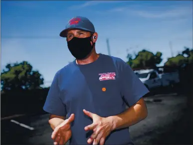  ?? DAI SUGANO — STAFF PHOTOGRAPH­ER ?? James Goulden, 33, of San Martin, said he is ready to take his mask off as the state of California announced on Monday it will continue to require masks in crowded outdoor settings and indoors.