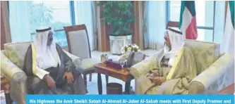  ??  ?? His Highness the Amir Sheikh Sabah Al-Ahmad Al-Jaber Al-Sabah meets with First Deputy Premier and Defense Minister Sheikh Nasser Sabah Al-Ahmad Al-Jaber Al-Sabah.