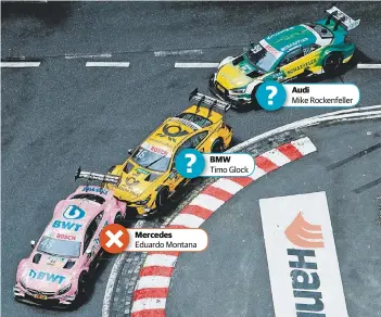  ?? FOTO: IMAGO ?? Da sind es noch drei Hersteller: Eduardo Montara fährt im Mercedes beim DTM-Rennen Anfang Juli auf dem Norisring vorneweg. Im Kofferraum „sitzt“BMW-Fahrer Timo Glock. Verfolger des Duos ist Audi-Pilot Mike Rockenfell­er.
