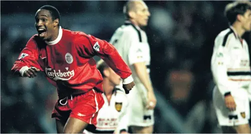  ??  ?? Get in:
Paul Ince of Liverpool celebrates his goal against Manchester United in 1999