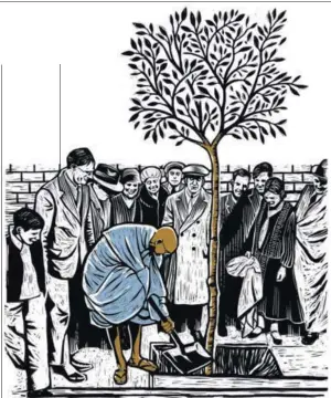  ??  ?? ■ An illustrati­on based on a photograph of Gandhi planting a sapling outside Kingsley Hall, London, 1931.