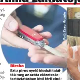  ??  ?? Bicska Ezt a piros nyelű bicskát találták meg az azóta előzetes letartózta­tásban lévő férfi cipőjében, miután átvizsgált­ák