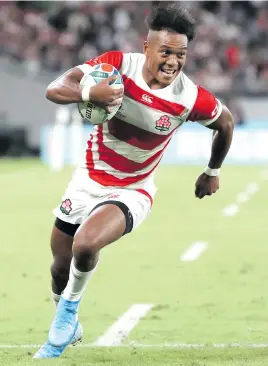  ?? Getty Images Picture: ?? FLYER. Japan’s Kotaro Matsushima scored a hat-trick in their Rugby World Cup opener against Russia at the Tokyo Stadium yesterday.