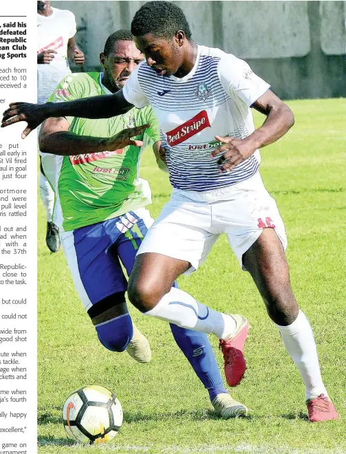  ?? FILE ?? Portmore’s Roberto Johnson (right) was sent off during last night’s match.