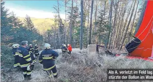  ?? ?? Als A. verletzt im Feld lag (r.), stürzte der Ballon im Wald ab.