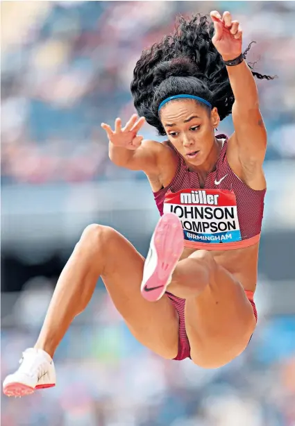  ?? ?? Full steam ahead: Katarina Johnsontho­mpson in long jump action during the Diamond League meeting in Birmingham earlier this month; she is looking to put injury setbacks behind her after Tokyo 2020 (left)