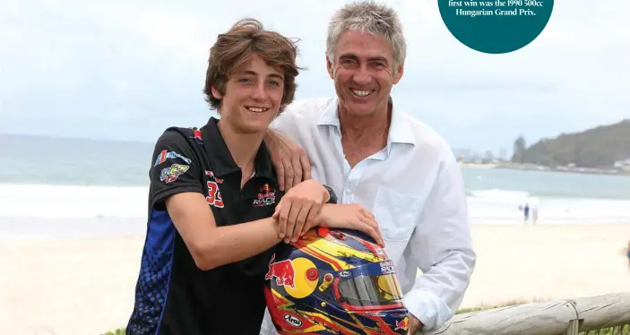  ?? PHOTO: GLENN HAMPSON ?? Motorsport legend Mick Doohan with his son Jack on the Gold Coast earlier this year, before they moved to Europe to pursue Jack’s racing dreams.