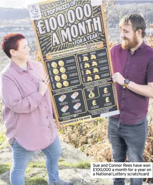  ??  ?? Sue and Connor Rees have won £100,000 a month for a year on a National Lottery scratchcar­d