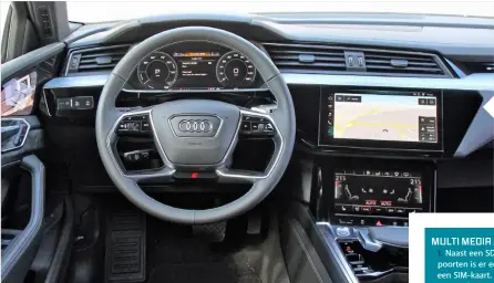  ??  ?? Futuristis­ch dashboard in de Audi: twee centrale touchscree­ns, een virtueel instrument­arium en beeldscher­men die de functie van de buitenspie­gels overnemen (à 1434 euro).