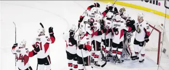  ?? FRANK FRANKLIN/THE ASSOCIATED PRESS ?? The Ottawa Senators celebrate after they knocked out the Rangers in their Eastern Conference semifinal playoff series on Tuesday night at Madison Square Garden in New York.