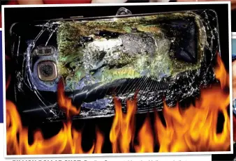  ??  ?? BILLION-DOLLAR SHOT: Bradley Cooper taking the Hollywood all-star selfie that crashed Twitter – using a Samsung. Above: A damaged Samsung Note 7 after catching fire. Right: The new Galaxy Z Flip mobile phone