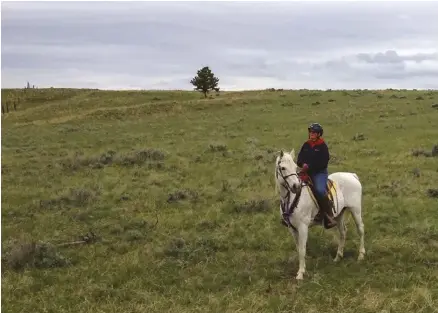  ??  ?? Jan Stevens rides her arabian gelding, rSa Count laQuen, on the open range in Montana. She suggests getting comfortabl­e riding at night just in case.