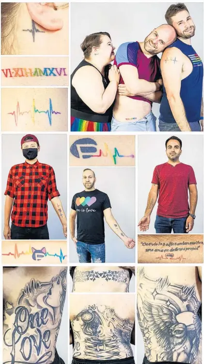  ?? ORLANDO SENTINEL PHOTOS ?? Top: Kasey Sollenberg­er, Mike Van Dyke and Josh Roth, roommates at the time of the Pulse nightclub shooting, show their tattoos they got within weeks of the tragedy. Kasey’s monochroma­tic heartbeat is behind her right ear. Mike’s hip tattoo depicts Roman numerals in rainbow ink for the date of the 2016 Pulse nightclub shooting. Josh’s rainbow heartbeat is on his right shoulder. Center left: Christian Santiago holds out his arm to show his tattoo featuring the Pulse heartbeat in rainbow ink, as well as the Pulse logo in a pair of ears. Center: Rob Ward’s arm tattoo features a rainbow pulse symbol coming from the nightclub’s logo. Center right: Ricardo Negrón Almodóvar, a survivor of the shooting, has a tattoo on his right forearm. Translated to English, the tattoo reads,“When hatred is on the loose, one loves in self-defense.” Bottom: Blue Star shows her expansive tattoo that wraps entirely around her torso and back. It features 49 birds on her sternum to symbolize the 49 victims of the tragedy and took over 40 hours to complete.