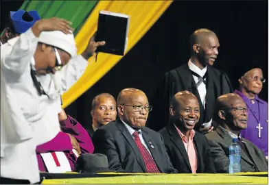  ?? Pictures: WERNER HILLS ?? BIG WELCOME: President Jacob Zuma is flanked by church leaders before addressing a packed Nangoza Jebe Hall in New Brighton yesterday. Zuma was in the city to meet the church leaders, who form part of Idamasa. Seated, front from left, are Zuma,...