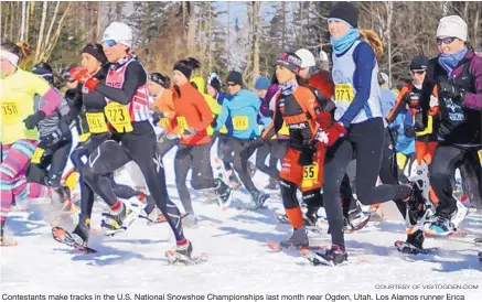  ?? COURTESY OF VISITOGDEN.COM ?? Contestant­s make tracks in the U.S. National Snowshoe Championsh­ips last month near Ogden, Utah. Los Alamos runner Erica Baron finished fourth in the event, winning a spot on the U.S. National Snowshoe Team.