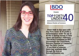  ?? STEVE MacNAULL/The Daily Courier ?? Shelly Ben-David, 35, an assistant professor of social work at UBC Okanagan, is the 13th of 40 honourees for this season of Kelowna Top Forty Under 40.