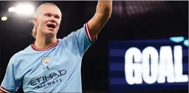  ?? PIC: SKYSPORTS ?? Danger in the house: Haaland celebrates Man City’s opening goal against FC Copenhagen