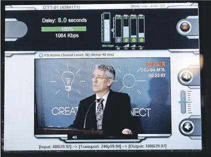  ?? THE CANADIAN PRESS ?? CTRC chairman Jean-Pierre Blais is pictured on the screen of a live television broadcasti­ng device as he speaks to media Thursday at the CRTC’s offices in Gatineau, Que.
