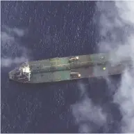  ?? ©2019 MAXAR TECHNOLOGI­ES / HANDOUT VIA REUTERS ?? What appears to be the Iranian oil tanker Adrian Darya 1 is seen off the coast of Tartus, Syria, on Friday.