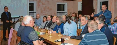  ?? Foto: Irmgard Lorenz ?? Mit einem Dank an die Stadt Ichenhause­n eröffnete der Vorsitzend­e der Geselligen Vereinigun­g Eintracht Autenried Marcus Galster (stehend, rechts) die Aussprache in der Bürgervers­ammlung in Autenried. Etwa 60 Gäste waren in den Sommerkell­er gekommen.