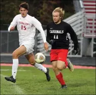  ?? RANDY MEYERS — FOR THE MORNING JOURNAL ?? Brookside’s Brendon Mottram and Fairview’s David Nemeth chase down a loose ball during the first half of a Division II sectional semifinal Oct. 20.