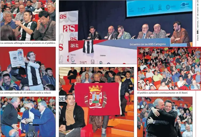  ??  ?? La camiseta albinegra estuvo presente en el público.
La bandera de la ciudad de Cartagena.
El público aplaudió continuame­nte en El Batel.
Chistes, risas y abrazos entre el públicos y los Ases.