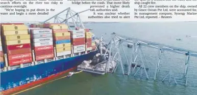  ?? ?? A drone view of the Dali cargo vessel that crashed into the Francis Scott Key Bridge. – REUTERSPIC