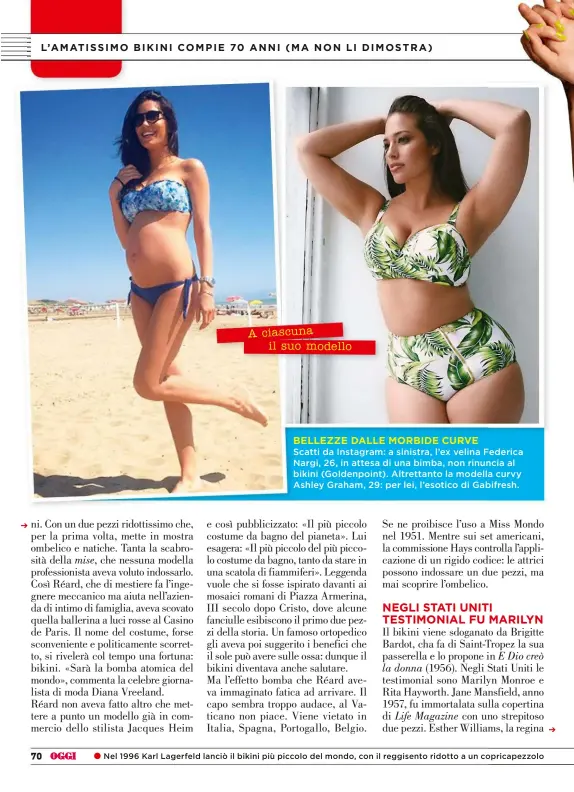  ??  ?? Scatti da Instagram: a sinistra, l’ex velina Federica Nargi, 26, in attesa di una bimba, non rinuncia al bikini (Goldenpoin­t). Altrettant­o la modella curvy Ashley Graham, 29: per lei, l’esotico di Gabifresh.