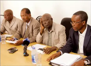  ??  ?? In this picture collage, Zimbabwe People First leader Dr Joice Mujuru announces the expulsion of her party’s founding members at a Press conference in Chisipite, Harare, yesterday, while ZimPF members (from left) Messrs Kudakwashe Bhasikiti,Rugare...