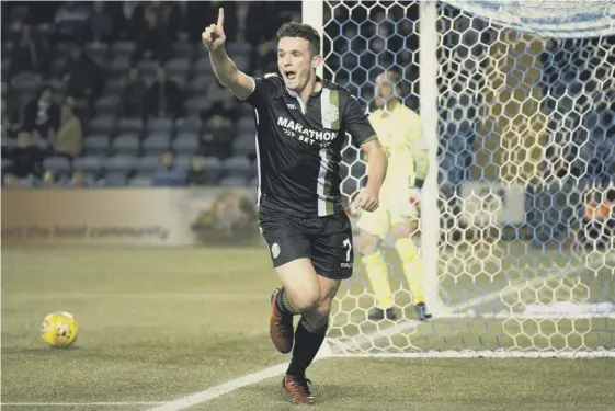  ??  ?? 2 John Mcginn celebrates opening the scoring for Hibs at Rugby Park. The Scotland midfielder also had a hand in the second goal.