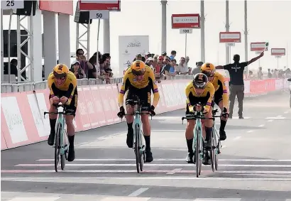  ?? Supplied photo ?? Jumbo-Visma team crosses the finish line at the end of the first stage in the inaugural UAE Tour. —