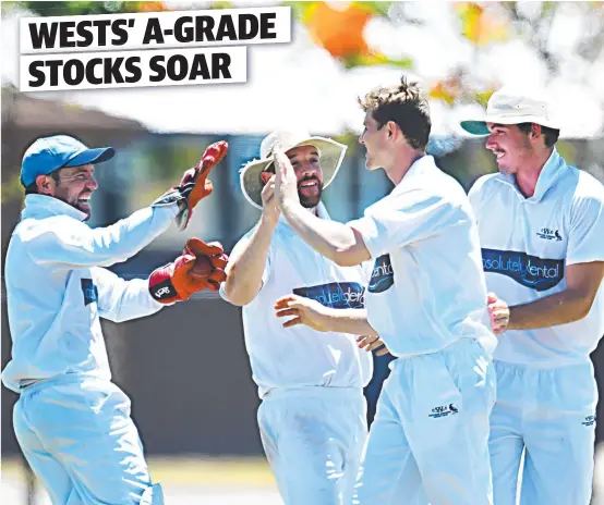  ?? RELENTLESS: Wests bowler Jaymie Dunlop celebrates with keeper Clint Thompson during Saturday’s match against Suburban Parks. Picture: ZAK SIMMONDS ??