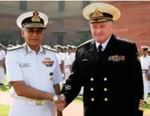  ??  ?? The Commander-in-Chief, Russian Federation Navy, Admiral Vladimir Korolev, with the Chief of the Naval Staff, Admiral Sunil Lanba, in New Delhi